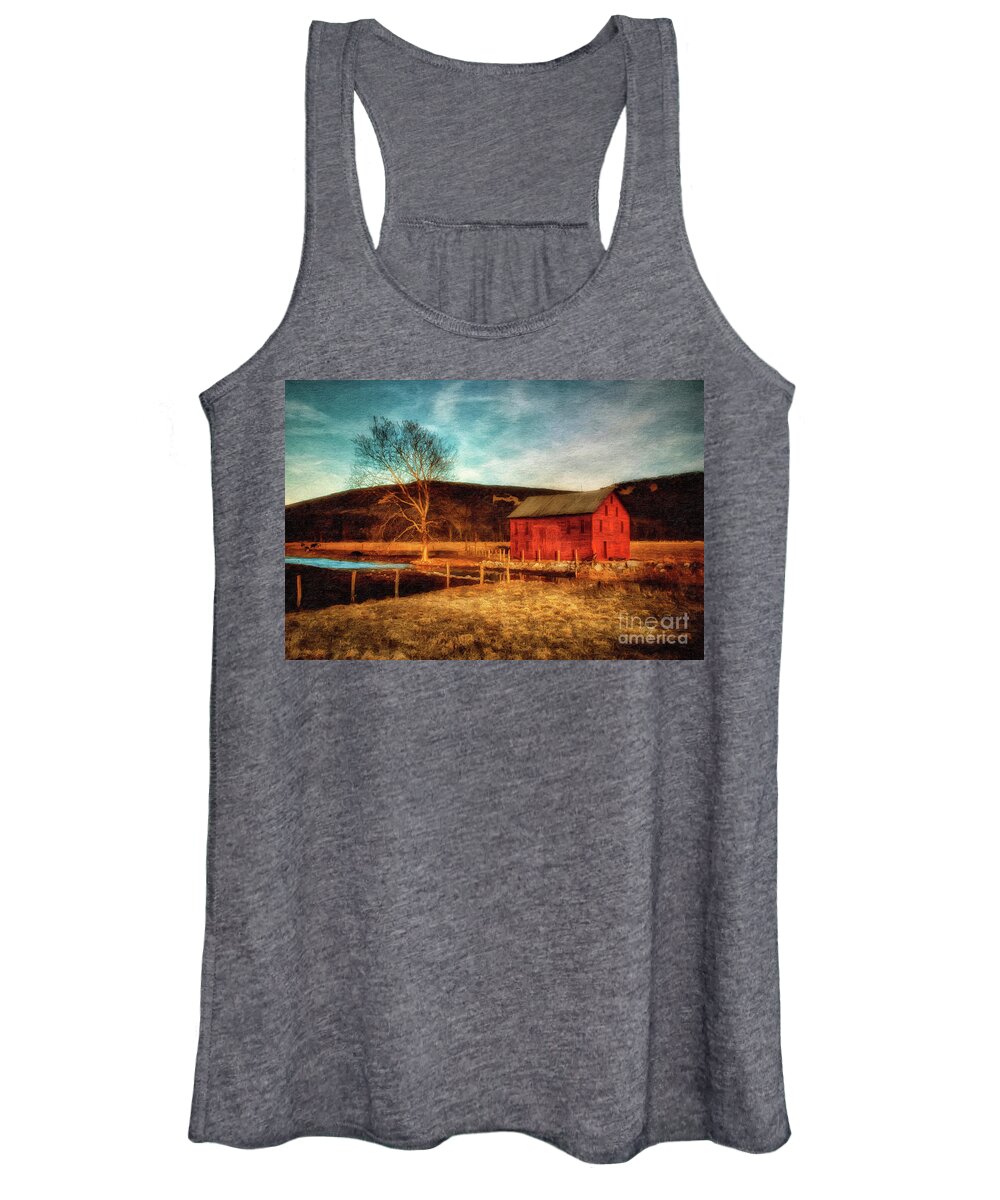 Barn Women's Tank Top featuring the photograph Red Barn At Twilight by Lois Bryan