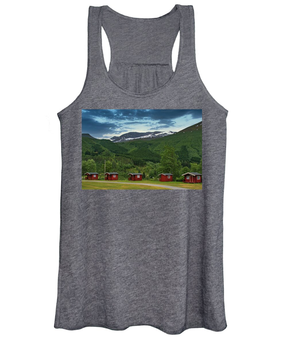 Norway Women's Tank Top featuring the photograph Red Cabins in the Mountains of Norway by Matthew DeGrushe