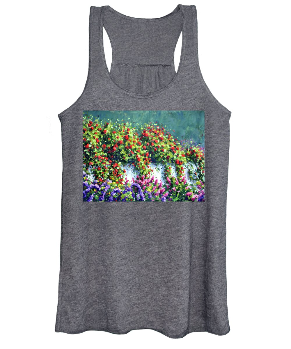 Garden Scene Women's Tank Top featuring the painting Red Rose's over the Fence by Rick Hansen