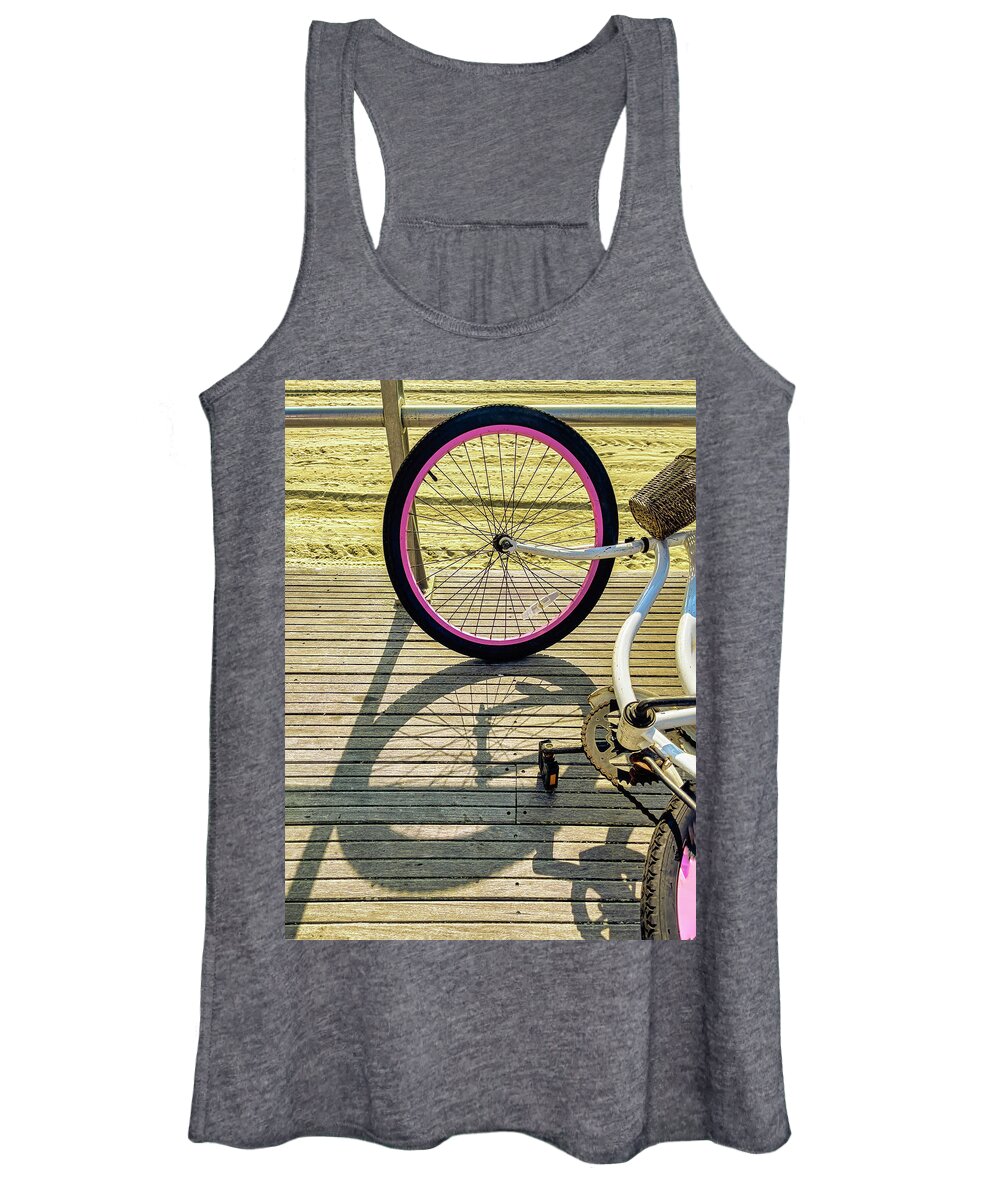 Bike Women's Tank Top featuring the photograph Resting Bike And Shadows On Boardwalk by Gary Slawsky