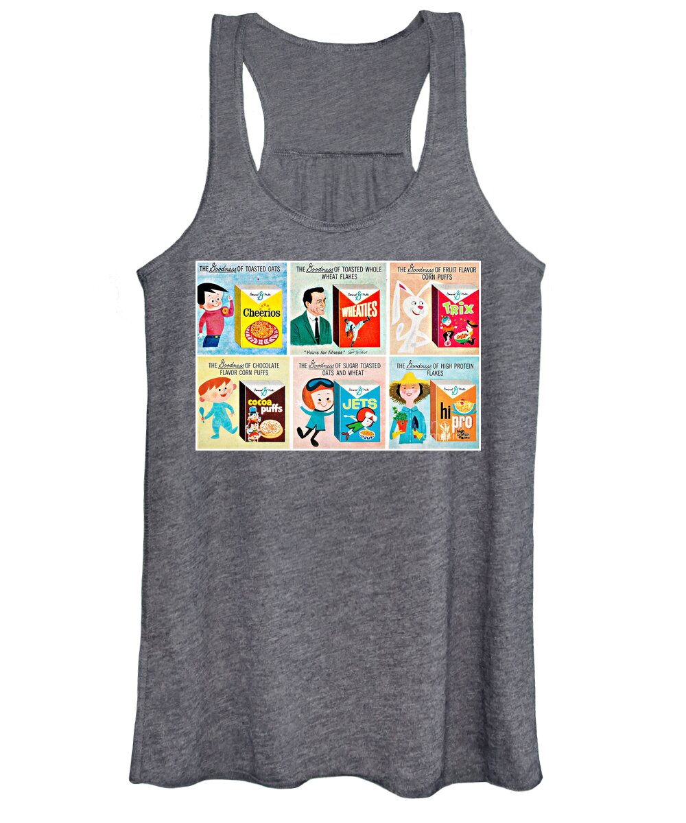 Retro Women's Tank Top featuring the mixed media Retro Breakfast Cereals by Sally Edelstein