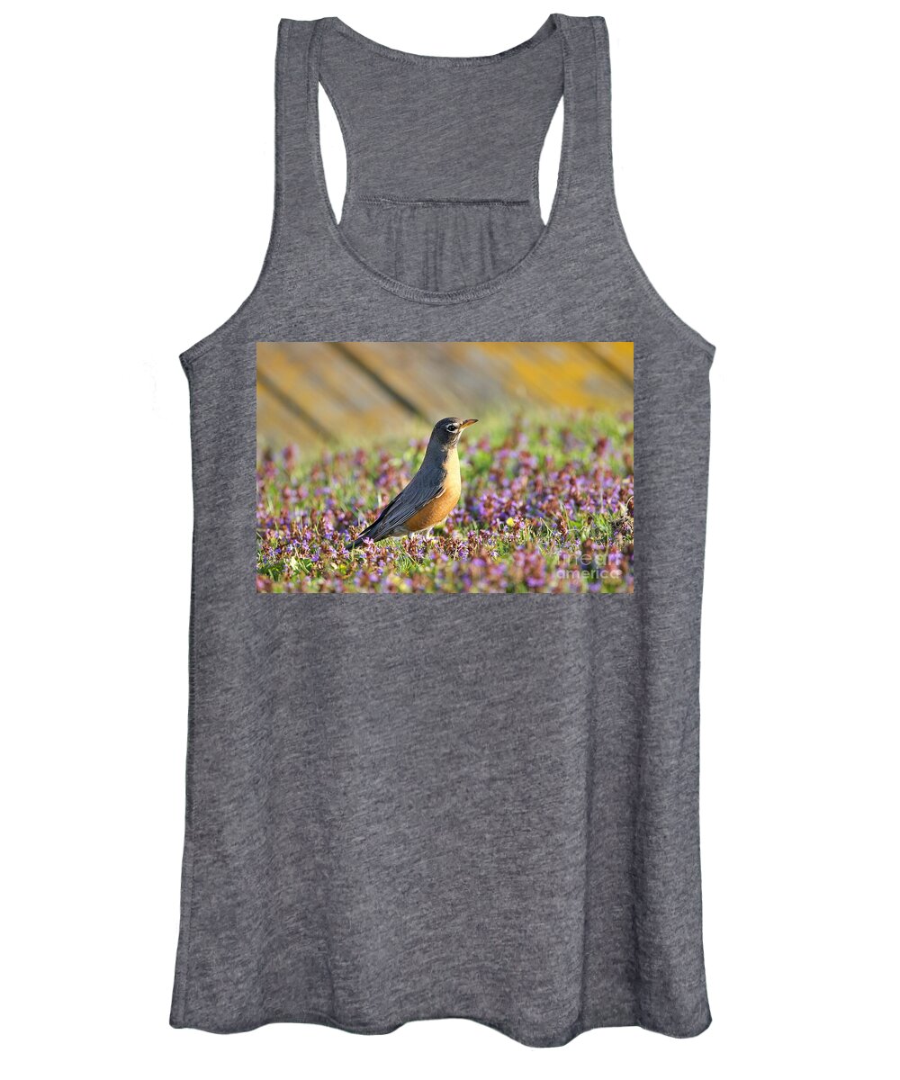 Robin Women's Tank Top featuring the photograph Robin in a bed of purple flowers by Yvonne M Smith
