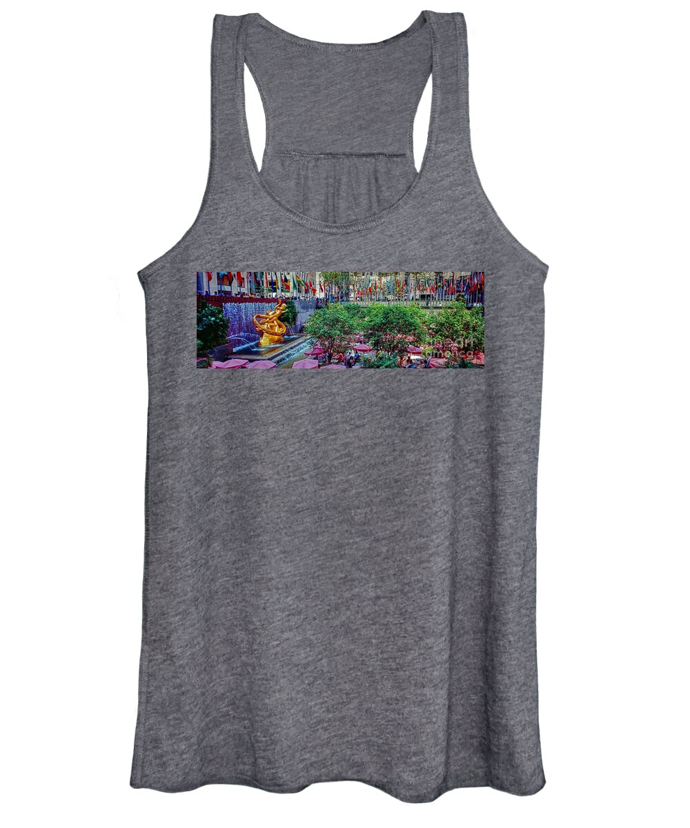 Rockefeller Women's Tank Top featuring the photograph Rockefeller Plaza New York City Summer cafe and fountain by Tom Jelen