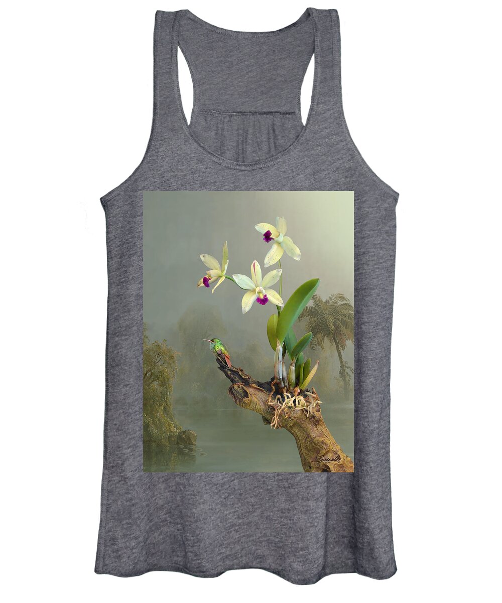 Hummingbird Women's Tank Top featuring the digital art Rufous-tailed Hummingbird and Orchid by M Spadecaller