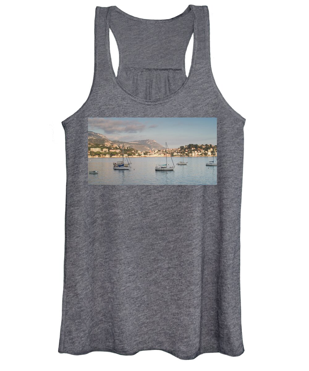 Azur Women's Tank Top featuring the photograph Sailing boats at sunset on Villefranche sur mer in French Riviera by Jean-Luc Farges