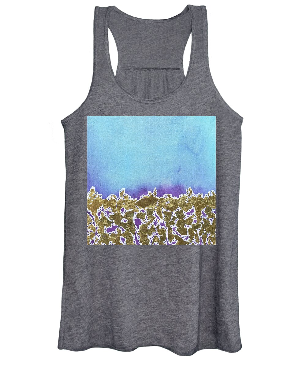 Blue Women's Tank Top featuring the mixed media SEAFOAM Blue Purple Gold Leaf Abstract by Lynnie Lang