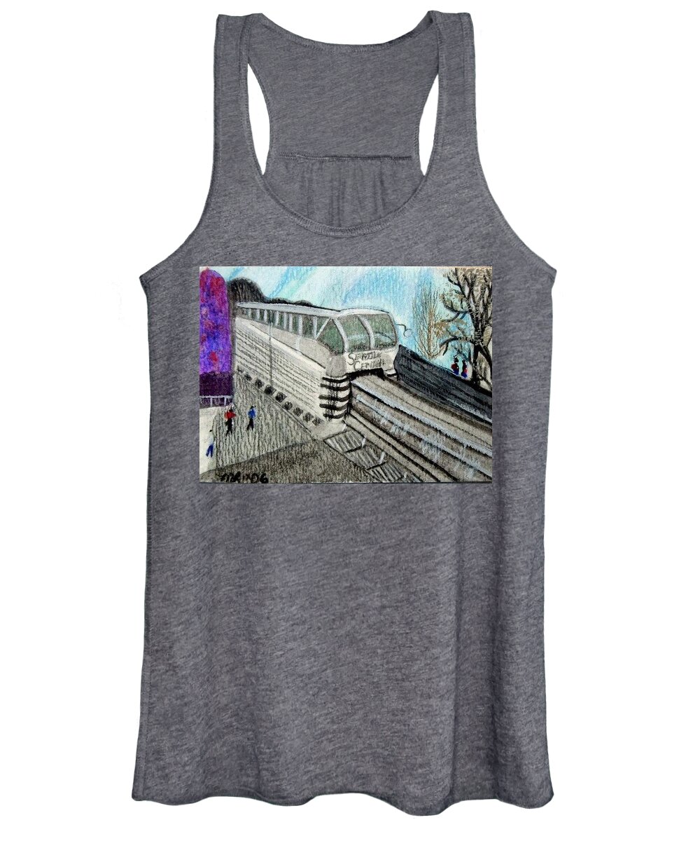 Seattle Women's Tank Top featuring the drawing Seattle Monorail by Monica Resinger