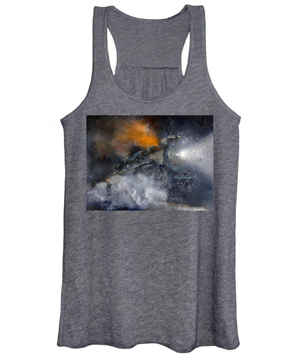 Steam Locomotive Women's Tank Top featuring the painting Grabbing His Train Orders - Snow Fire and Steam by Glenn Galen