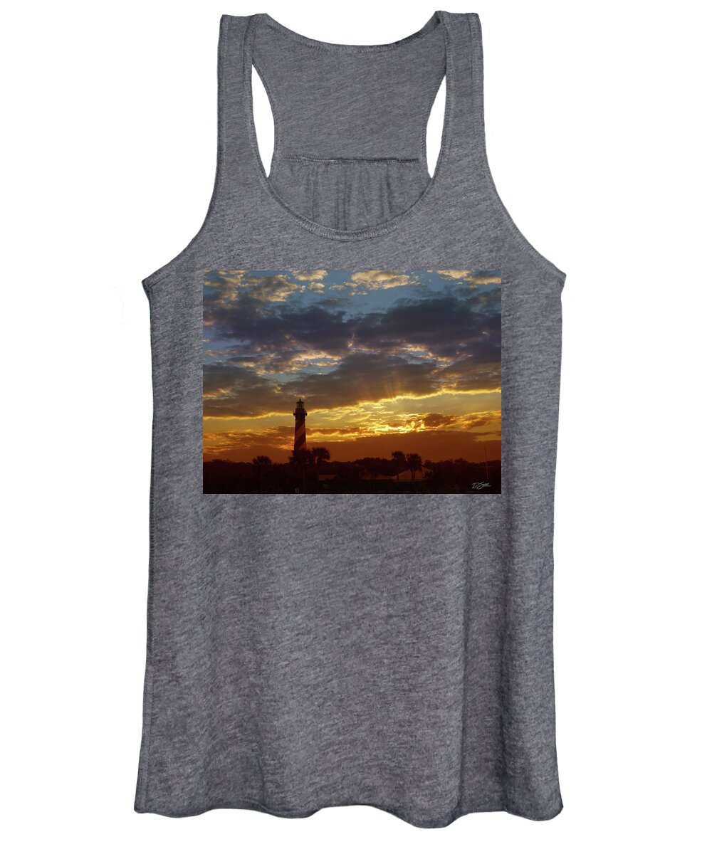 St. Augustine Women's Tank Top featuring the pyrography St. Augustine Light at Sunset by Rod Seel