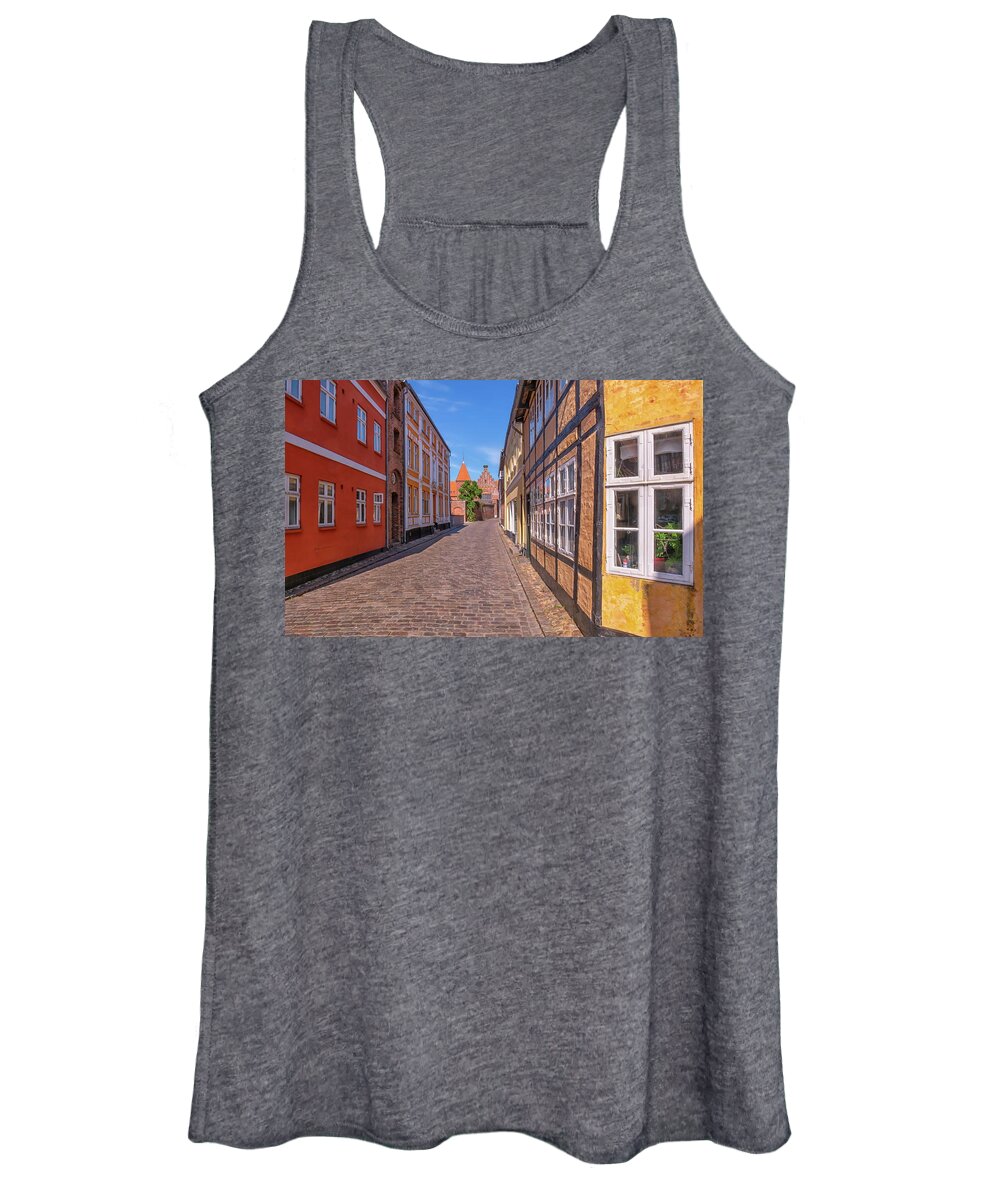 House Women's Tank Top featuring the photograph Street in medieval city of Ribe, Denmark by Elenarts - Elena Duvernay photo