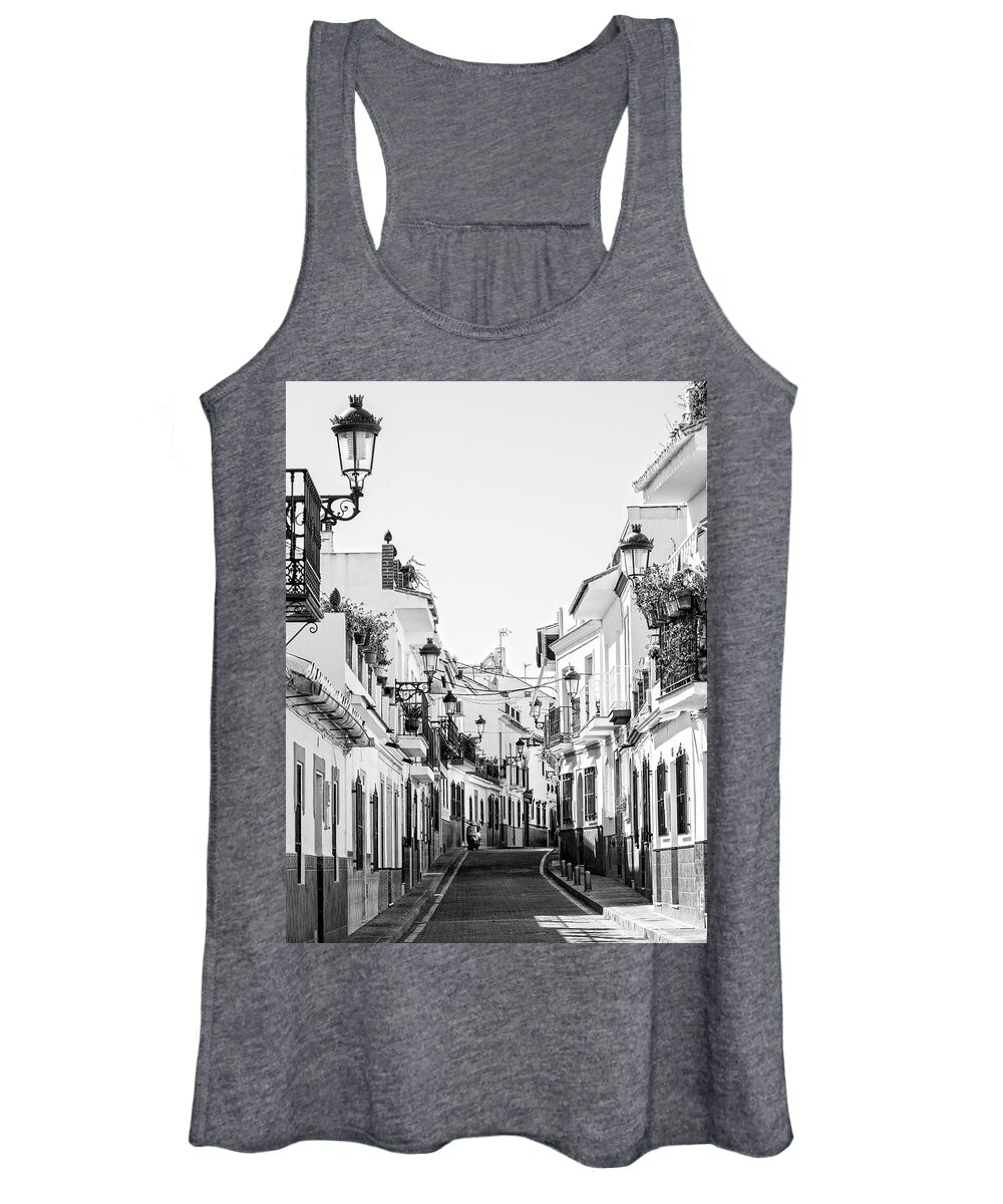 Black And White Women's Tank Top featuring the photograph Street in Nerja by Naomi Maya