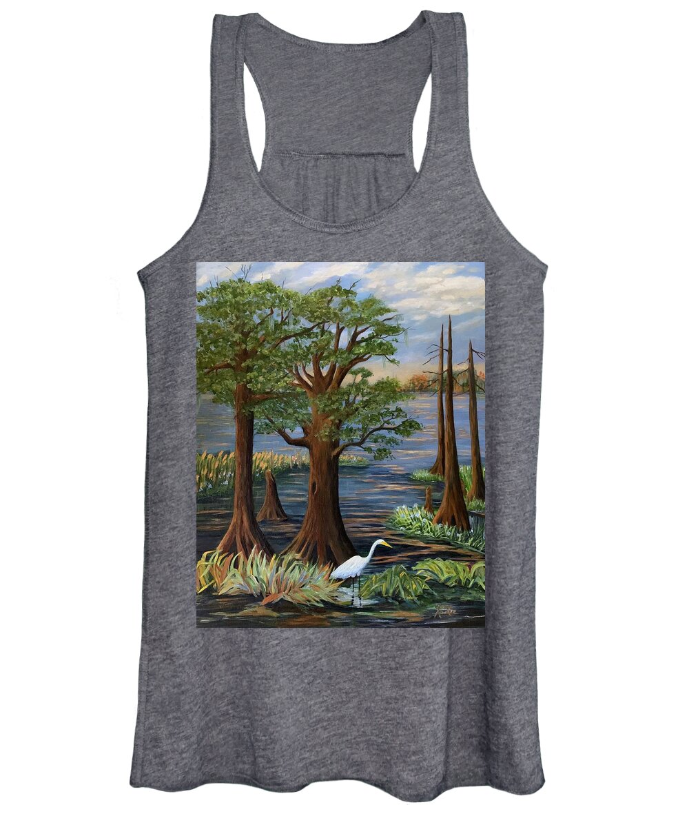 Back Water Women's Tank Top featuring the painting Sunset On The Bayou by Jane Ricker