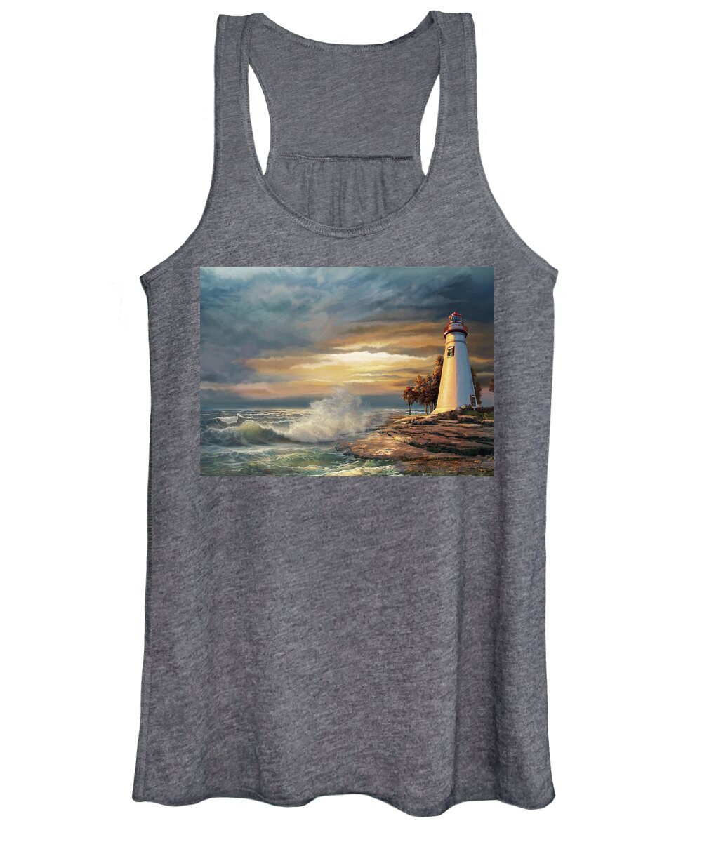Ocean Scene Women's Tank Top featuring the painting Sunset with Ohio Marble Head Lighthouse by Regina Femrite