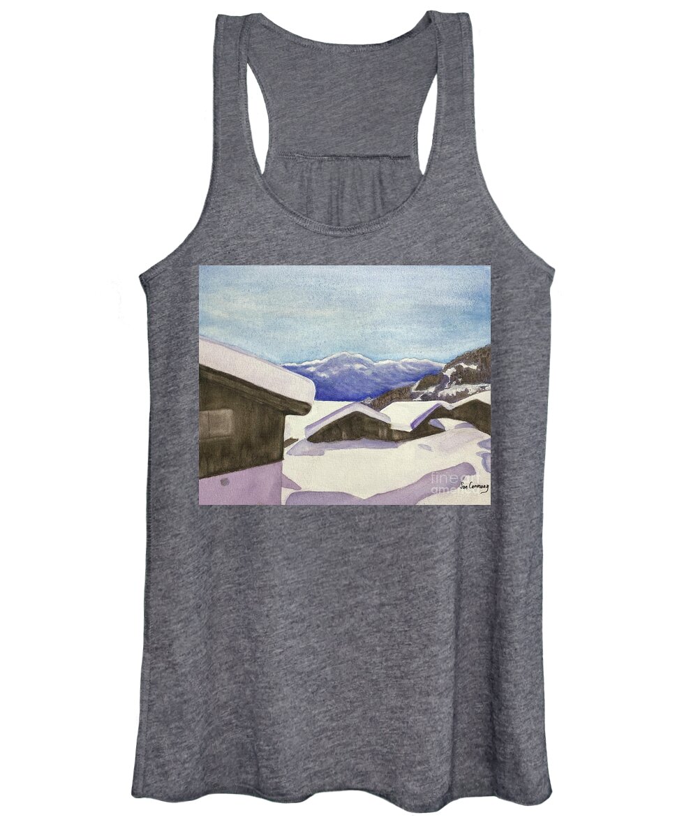 Snow Women's Tank Top featuring the painting Swiss Skiing Village by Sue Carmony