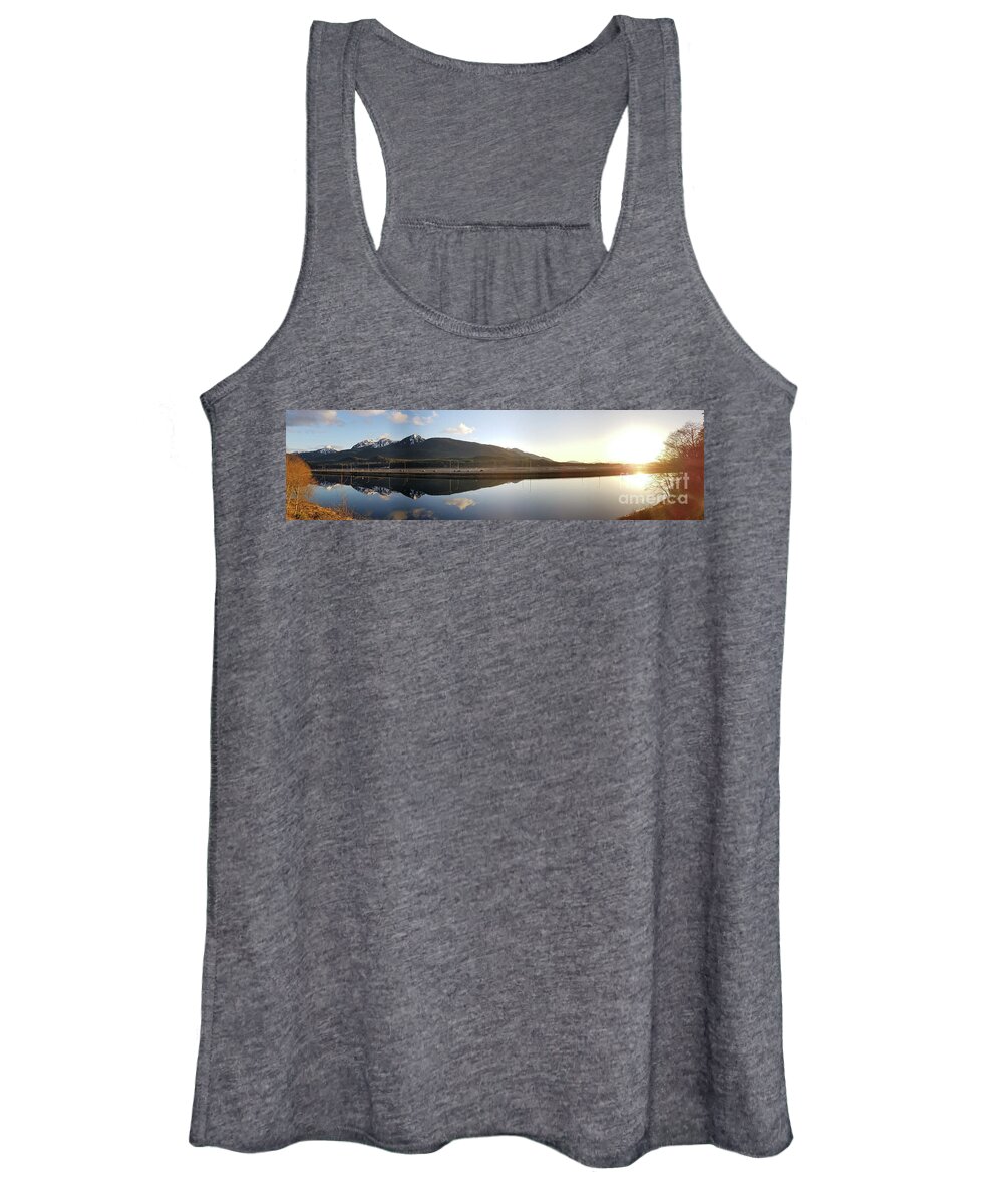 #alaska #juneau #ak #cruise #tours #vacation #peaceful #reflection #twinlakes #douglas #capitalcity #postcard #evening #dusk #sunset #panorama #egandrive Women's Tank Top featuring the photograph Taking it all in by Charles Vice
