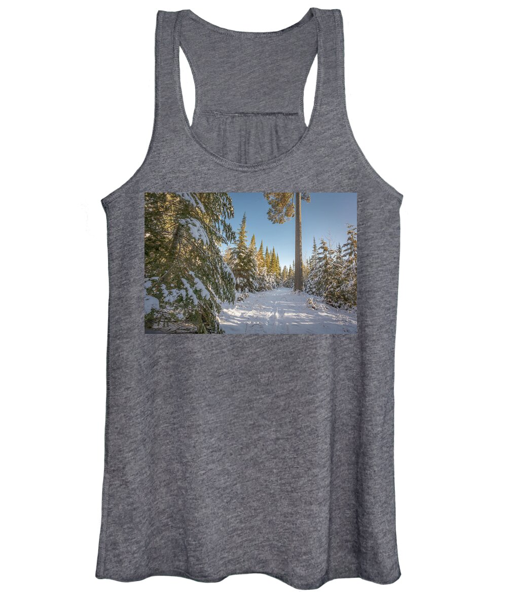 #winter #landscape #photograph #fine Art #door County #wisconsin #midwest #wall Décor #wall Art #hiking #walking #long Exposure #focus Stacking #hdr Photography #adventure #outside #environment #outdoor Lover #snow #ice #cold #snowshoeing # Cross Country Skiing   Women's Tank Top featuring the photograph Tall Trail by David Heilman