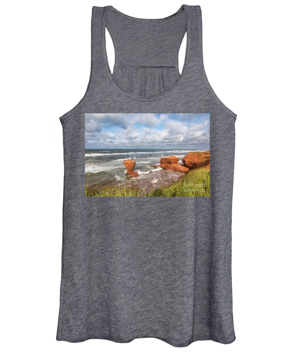 Red Women's Tank Top featuring the photograph Teacup rock of Prince Edward Island. by Jane Rix