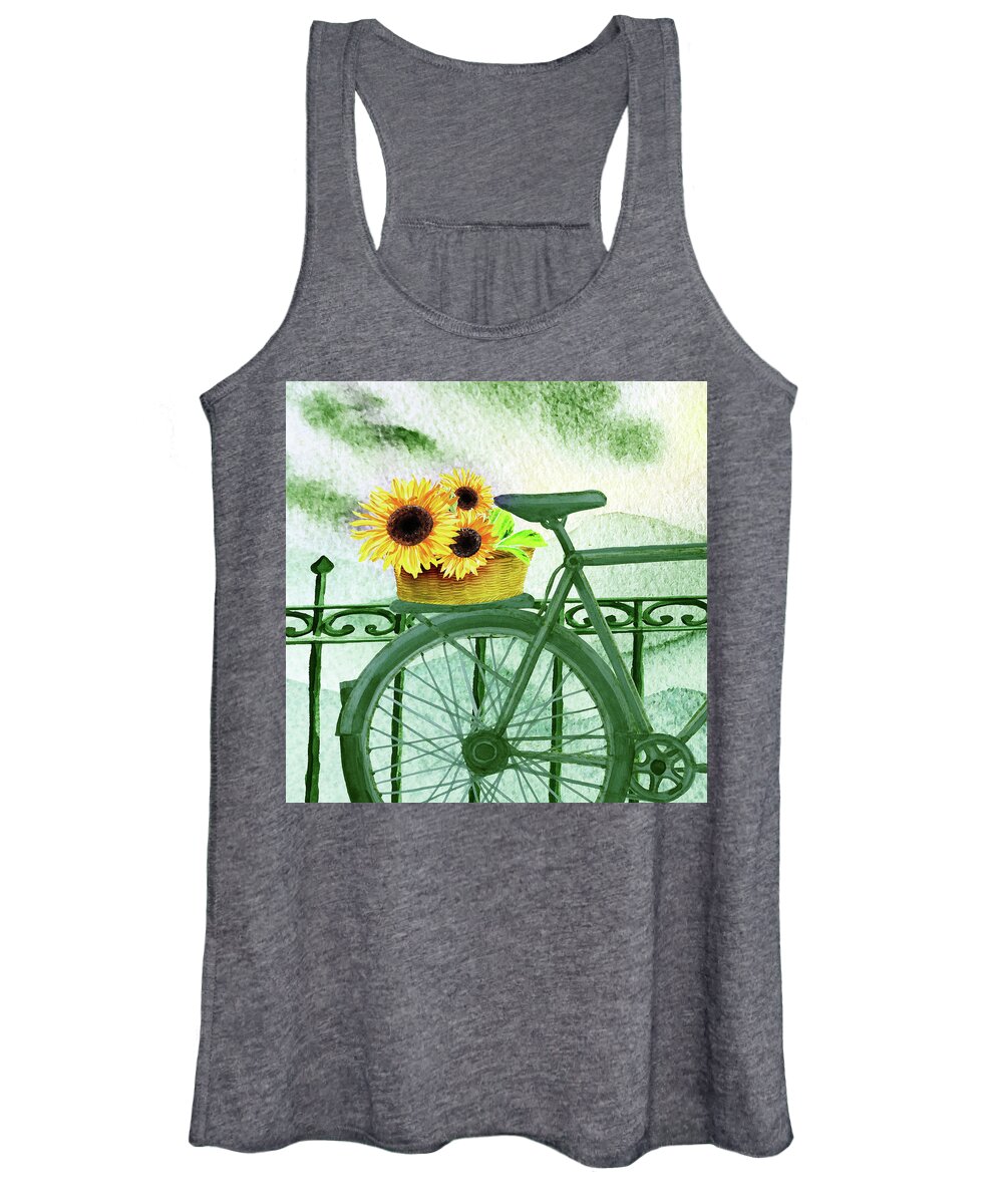 Bicycle Women's Tank Top featuring the painting Teal Green Vintage Bicycle With Basket Of Sunflowers Watercolor by Irina Sztukowski