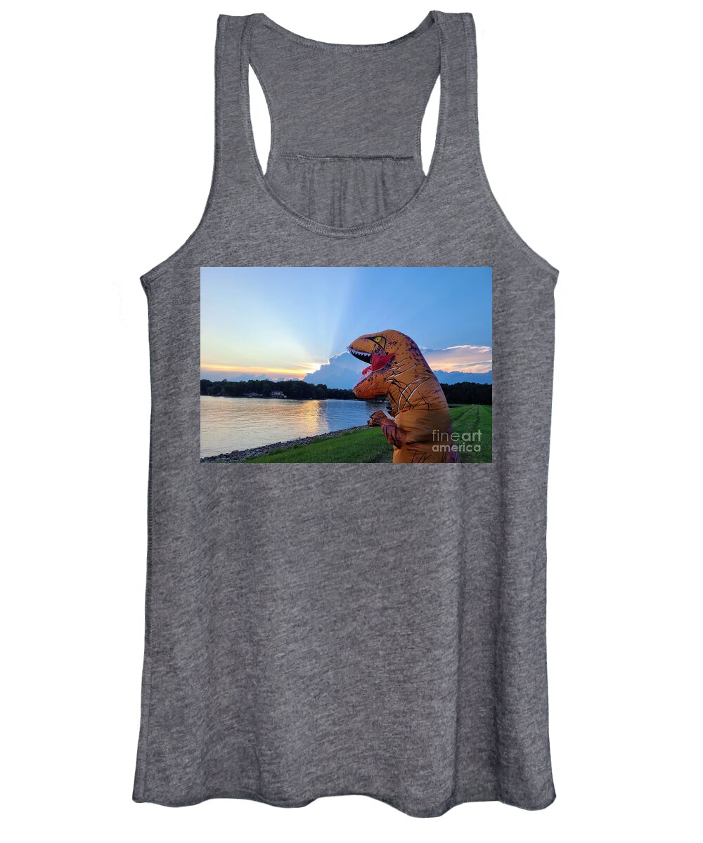 T-rex Women's Tank Top featuring the photograph Tedisaurus by the lake at sunset by Elena Pratt