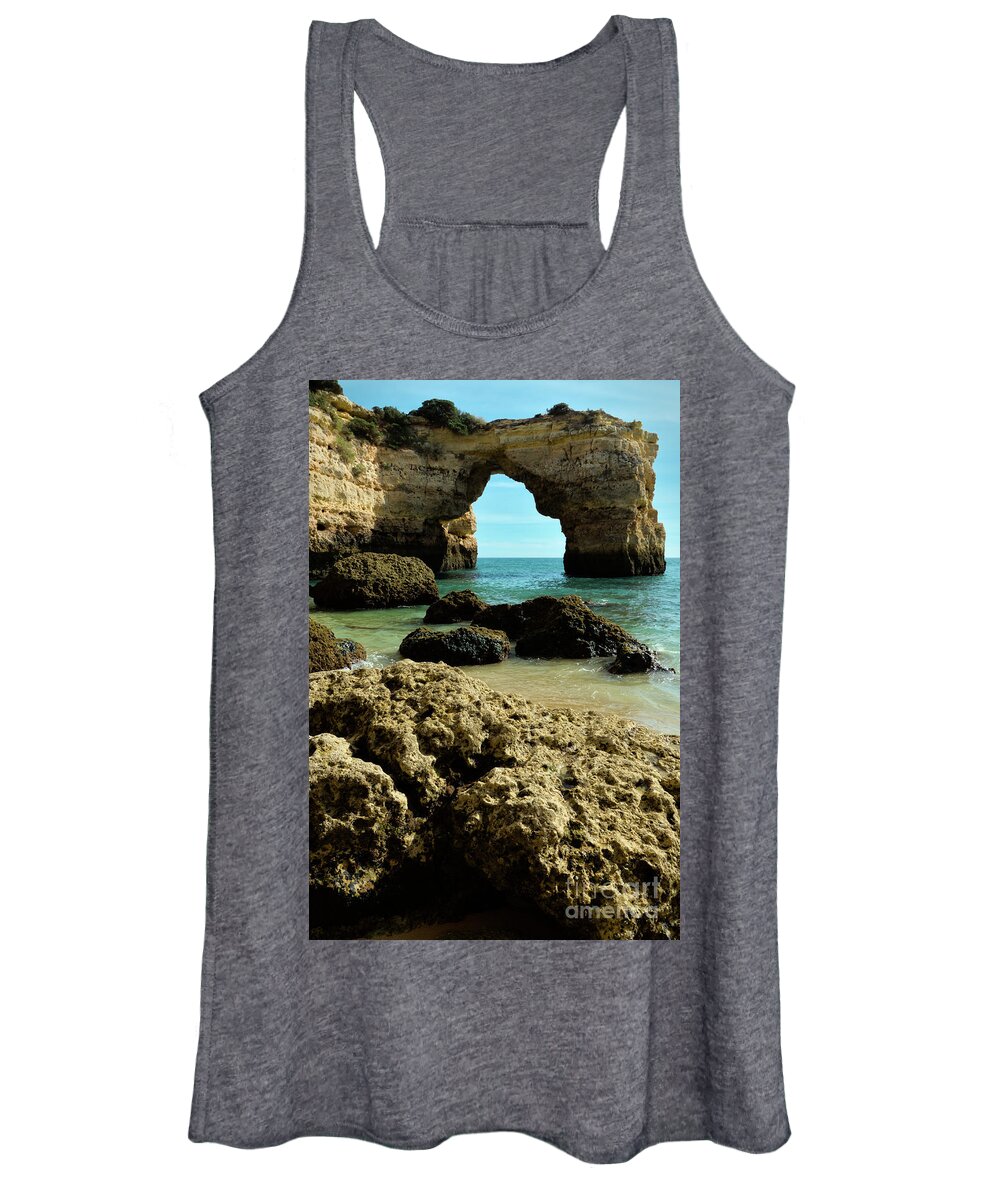 Portugal Women's Tank Top featuring the photograph The Arch of Albandeira Beach in Lagoa by Angelo DeVal