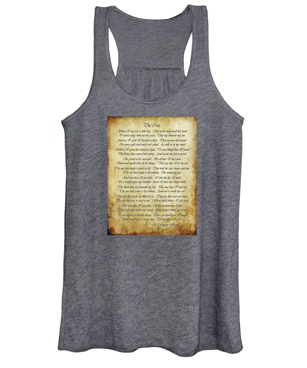 Life' Life's Cost. Reflection Women's Tank Top featuring the pyrography The Cost by R Murrey Haist