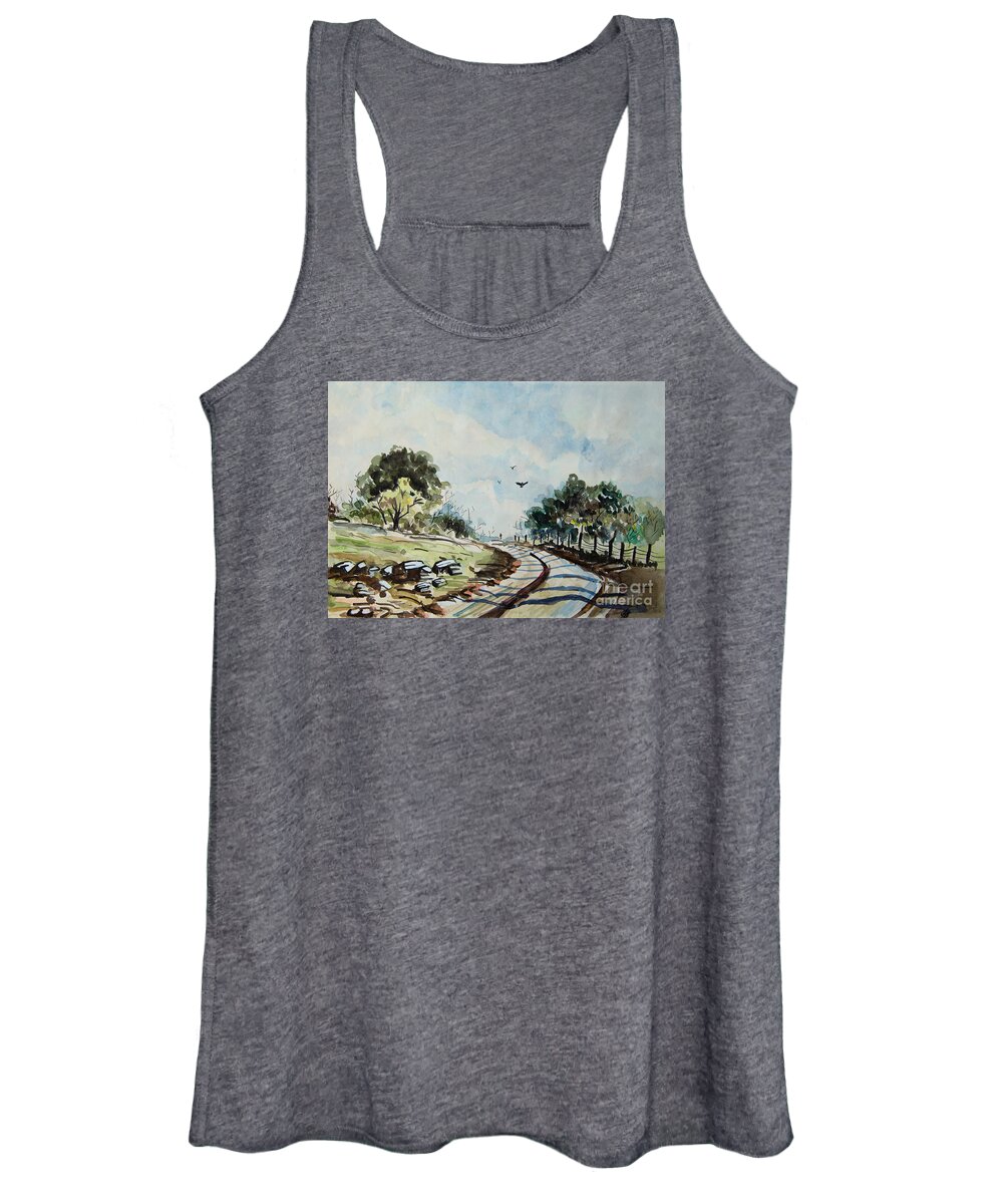 Landscape Women's Tank Top featuring the painting The road less traveled by Aparna Pottabathni