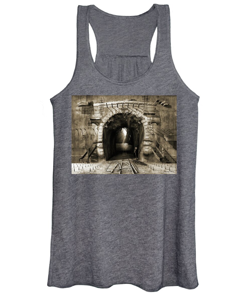 Dark Mystical Wall Face Railway Surrealistic Phantasmagorical Metaphorical Railroad Tunnel Women's Tank Top featuring the digital art The way out or Suicidal ideation by George Grie