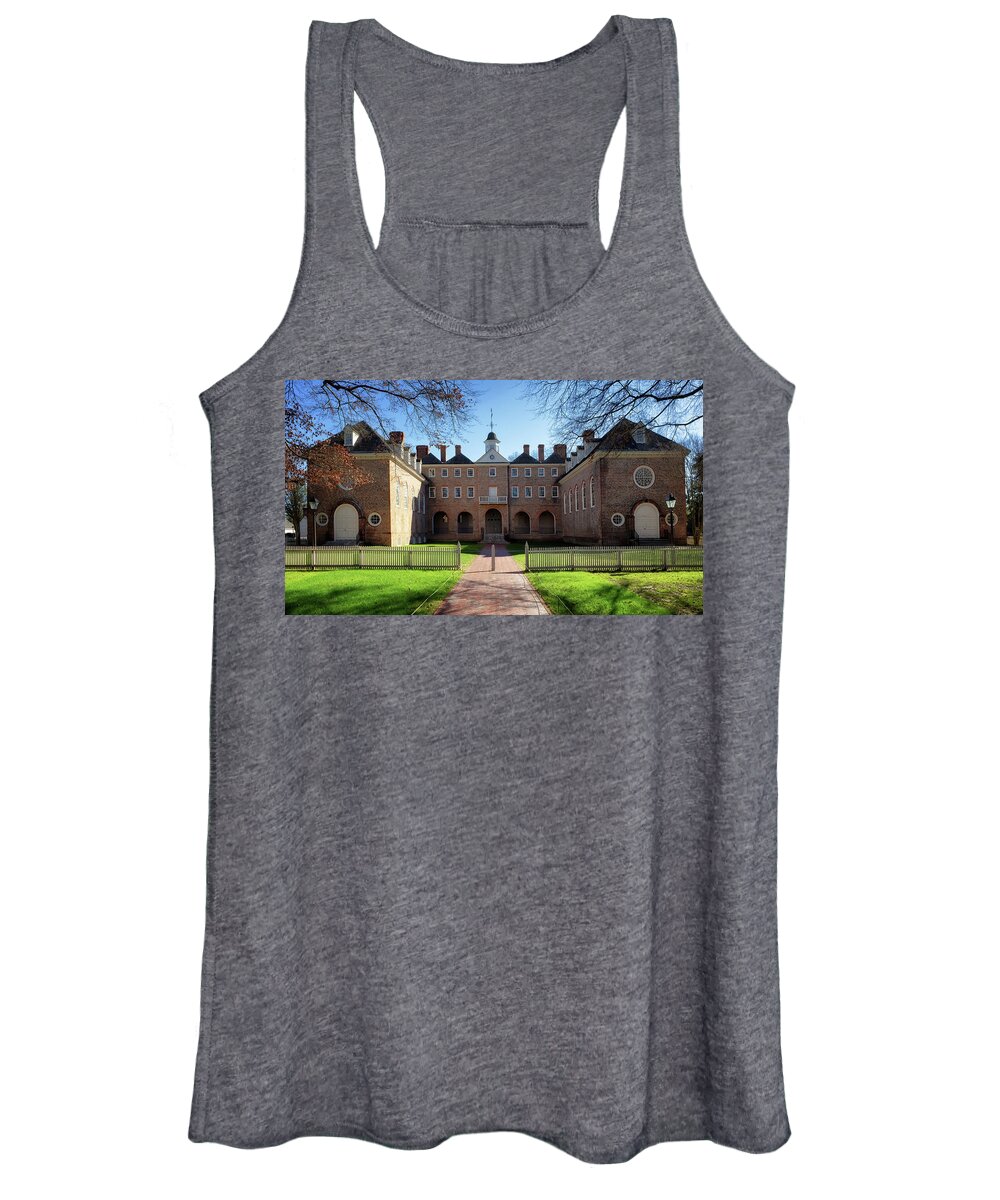 Wren Building Women's Tank Top featuring the photograph The Wren Building Courtyard - Williamsburg, Virginia by Susan Rissi Tregoning