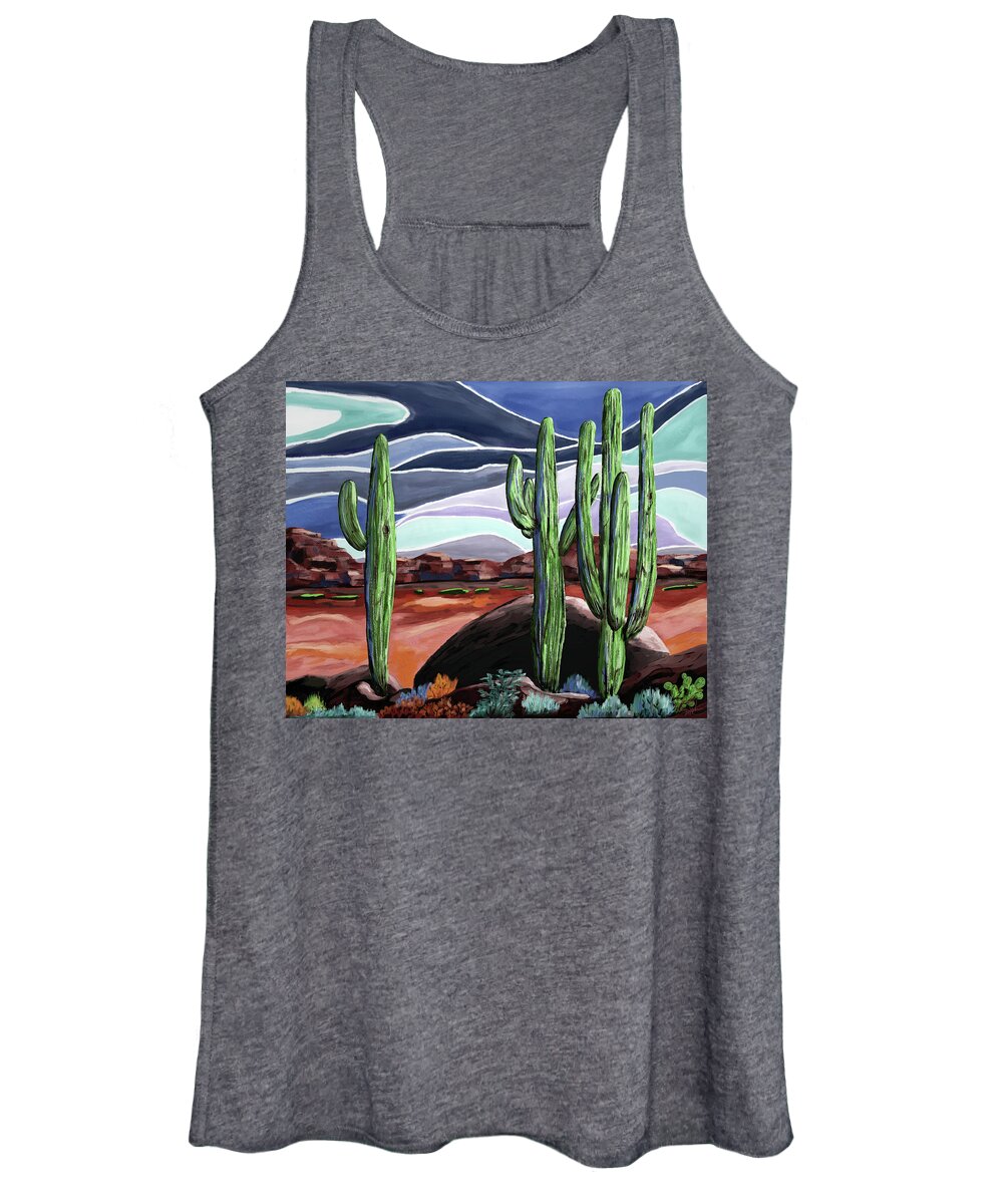 Saguaros Women's Tank Top featuring the digital art Three Saguaros by Ken Taylor