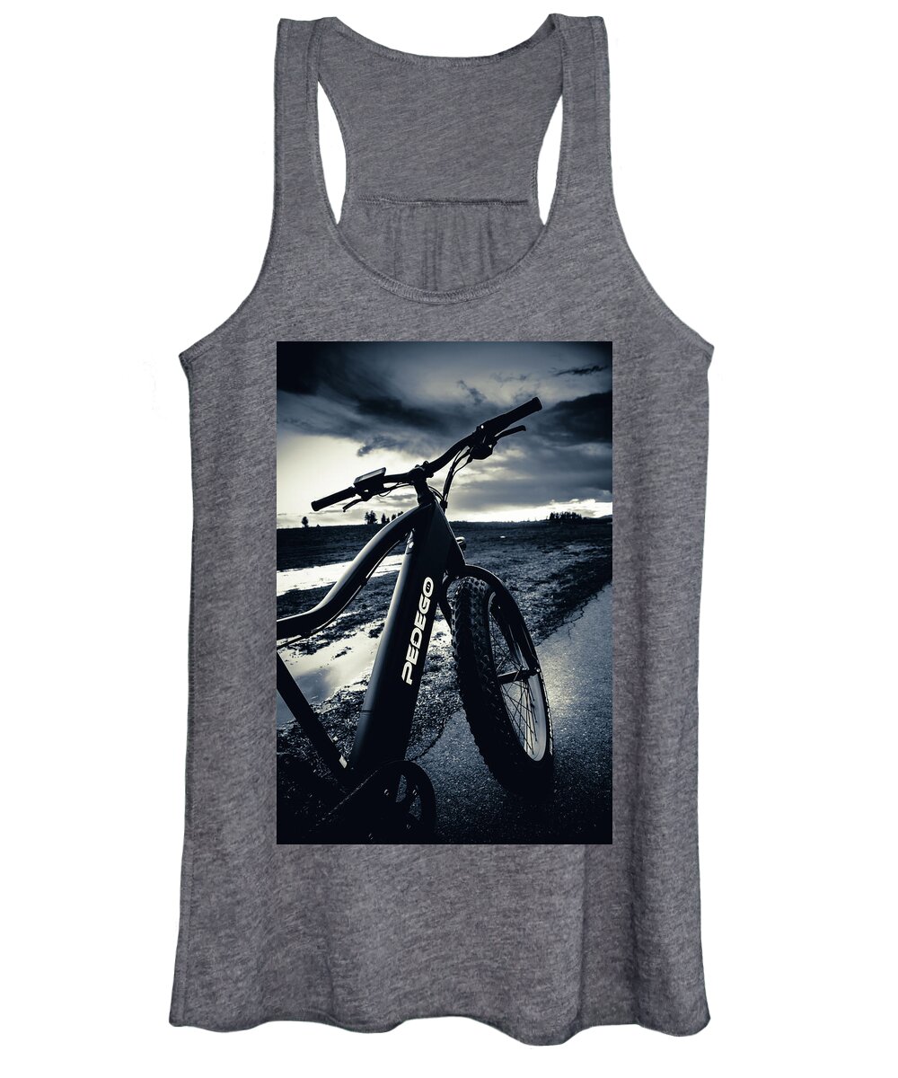 Pedego Women's Tank Top featuring the photograph Trail Tracker Black and White Sunset by Matthew Nelson