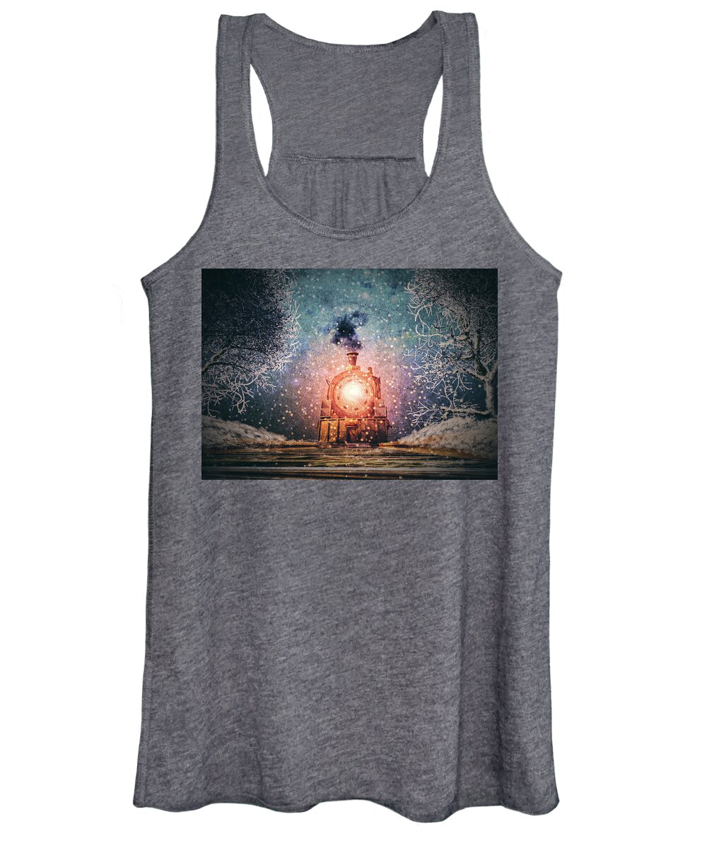 Train Women's Tank Top featuring the painting Traveling On Winters Night by Bob Orsillo