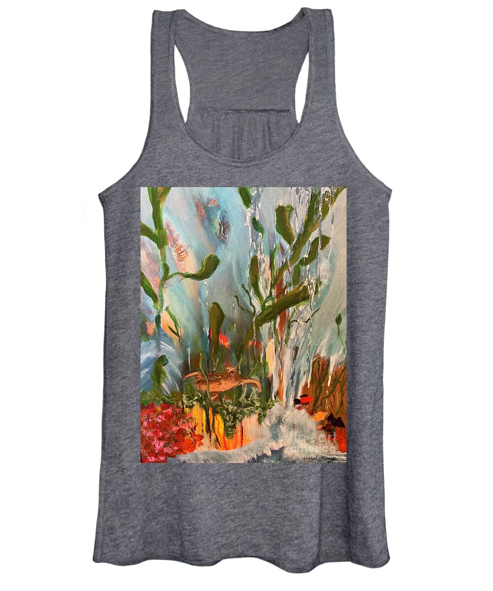 Turtle Miroslaw Chelchowski Acrylic On Canvas Painting Print Abstract Under The Sea Water Ocean Fish Weed Red Coral Wave Waterfall Women's Tank Top featuring the painting Turtle by Miroslaw Chelchowski