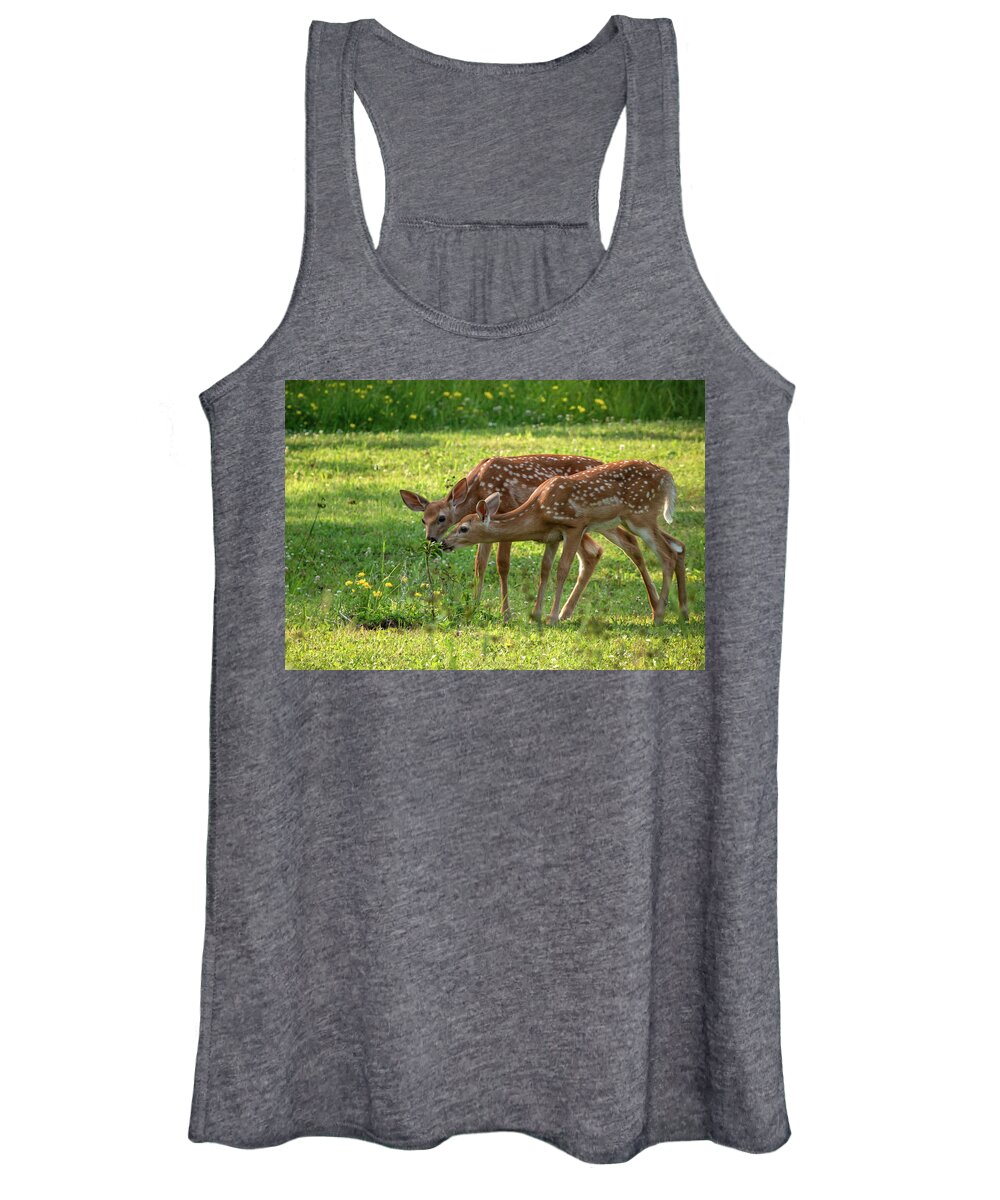 Twin Fawns Women's Tank Top featuring the photograph Twin Fawns Baby Deer by Sandra J's