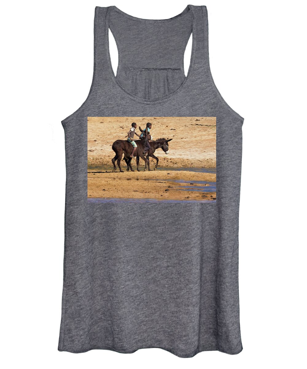 Two Boys Women's Tank Top featuring the photograph Two Boys Riding Donkeys Along the River in Angola by Belinda Greb