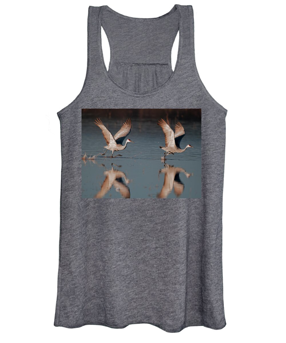 Sandhill Women's Tank Top featuring the photograph Two Sandhill Crane taking off sunrise by Gary Langley