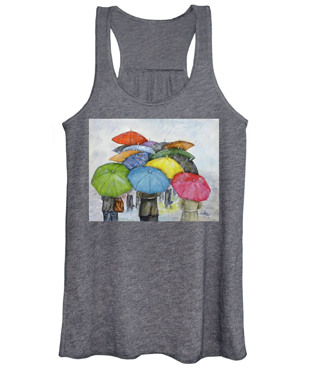Umbrella Women's Tank Top featuring the painting Umbrella Huddle Walk by Kelly Mills