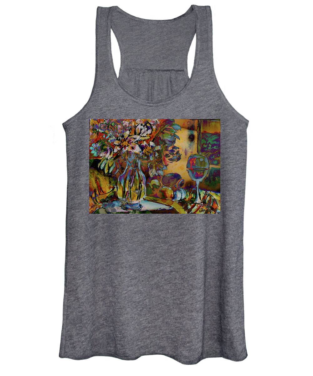 Flowers Women's Tank Top featuring the digital art Vase of flowers and glass of wine with lips, eye and nipples by Jeremy Holton