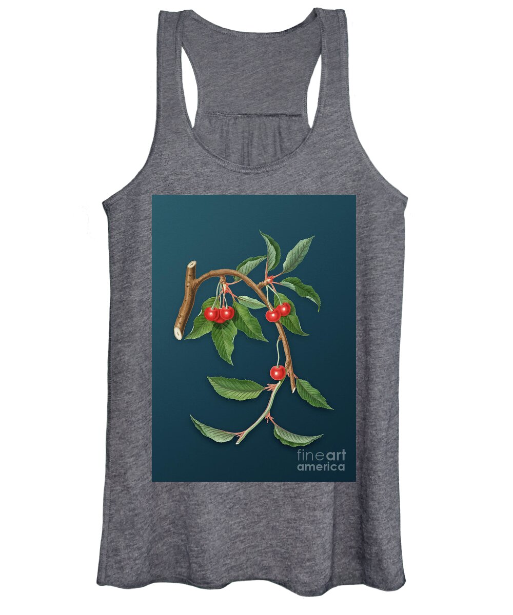Vintage Women's Tank Top featuring the painting Vintage Cherry Botanical Art on Teal Blue n.0157 by Holy Rock Design