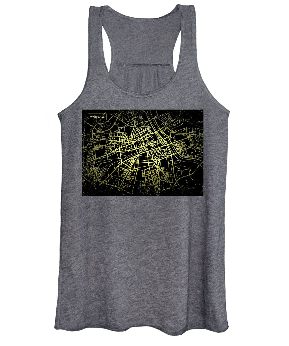 Map Women's Tank Top featuring the digital art Warsaw Map in Gold and Black by Sambel Pedes