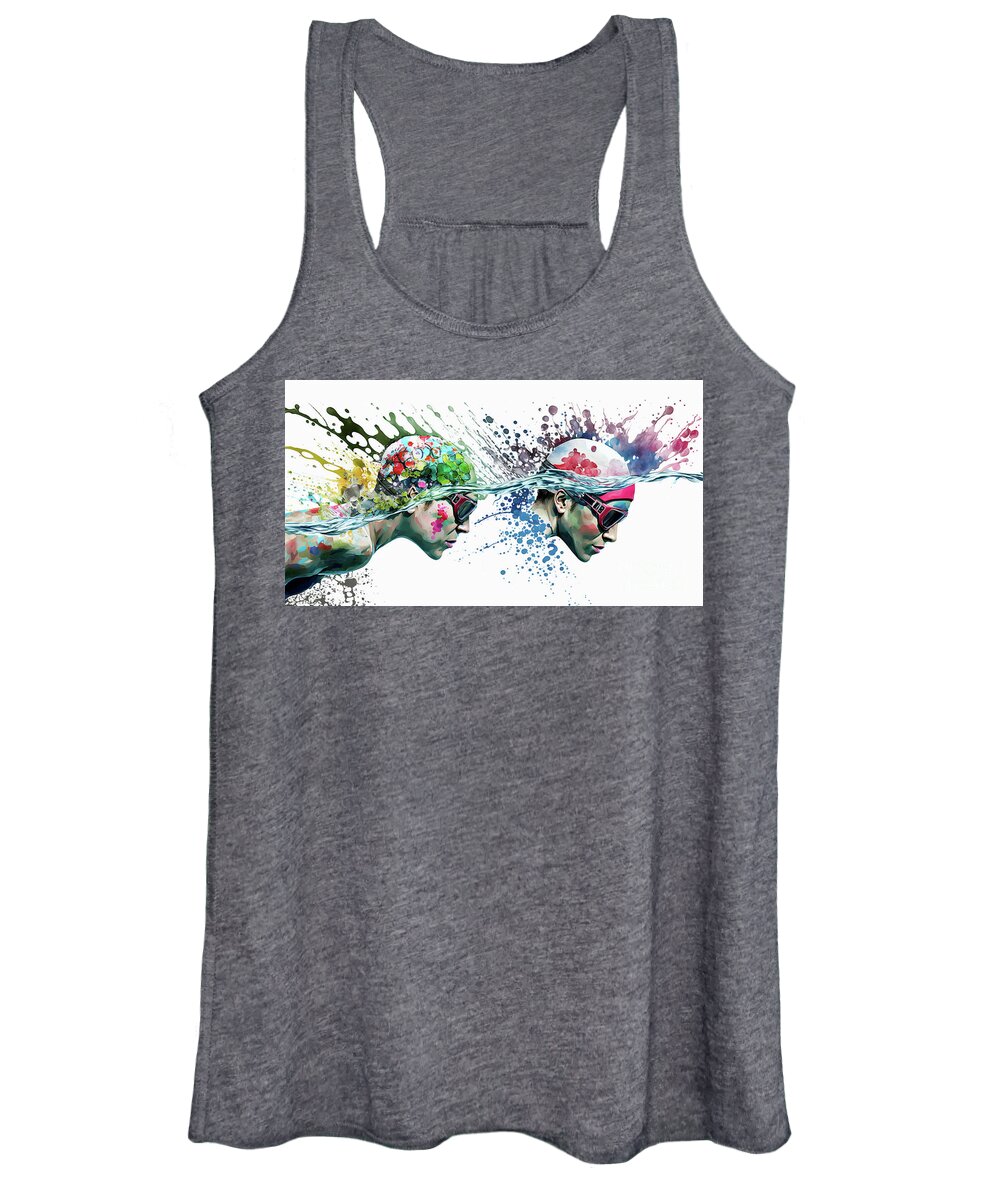 Sports Women's Tank Top featuring the digital art Watercolor abstract illustration of swimmer. Swimming action during colorful paint splash. by Odon Czintos