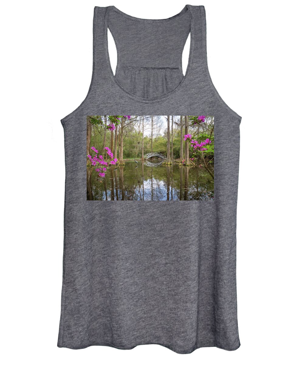 Bridge Women's Tank Top featuring the photograph White Bridge Framed by Spring Blooms by Cindy Robinson