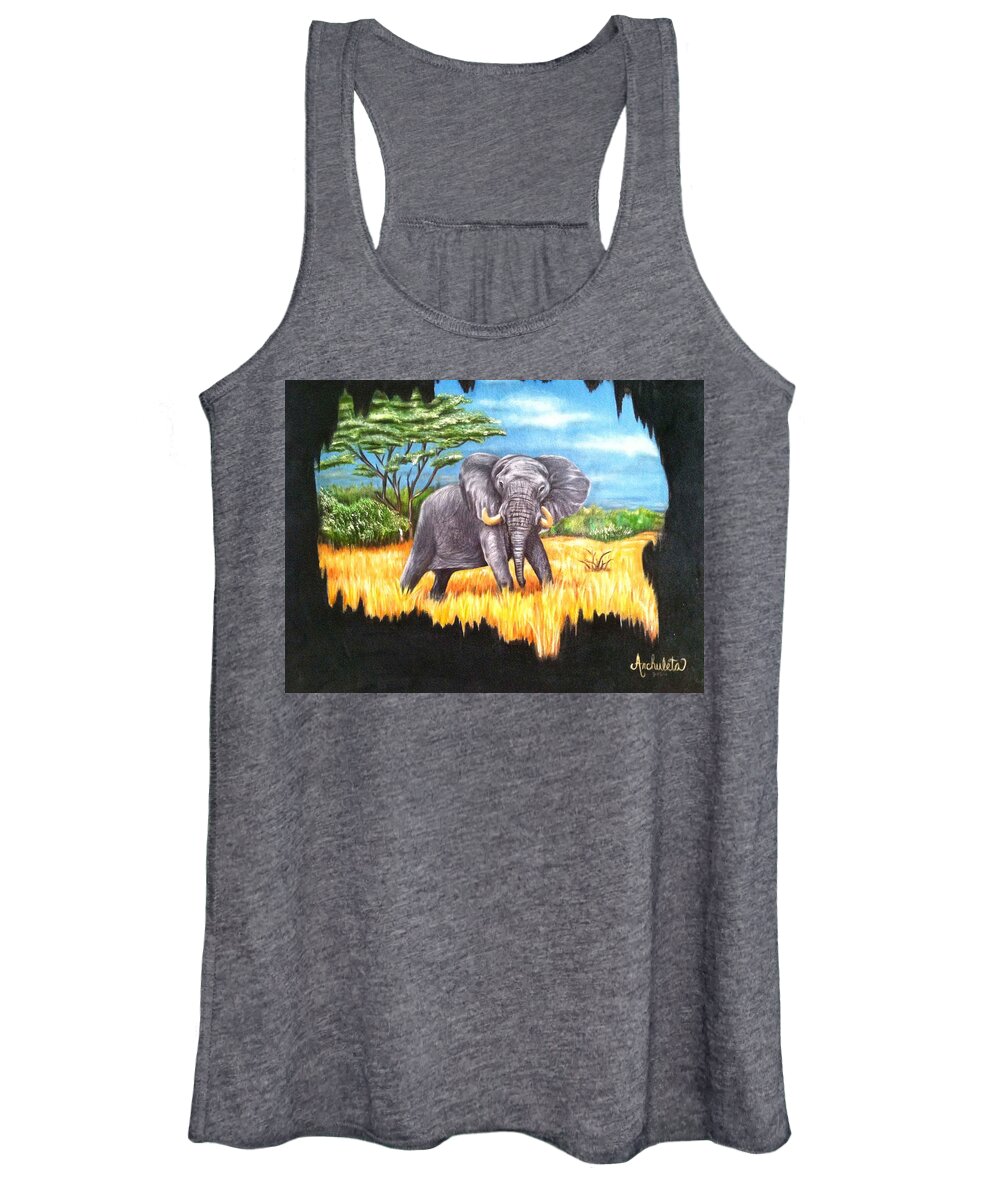 Elephant In It's Habitat Being Watched From A Distance Women's Tank Top featuring the painting Who's Watching Who? by Ruben Archuleta - Art Gallery