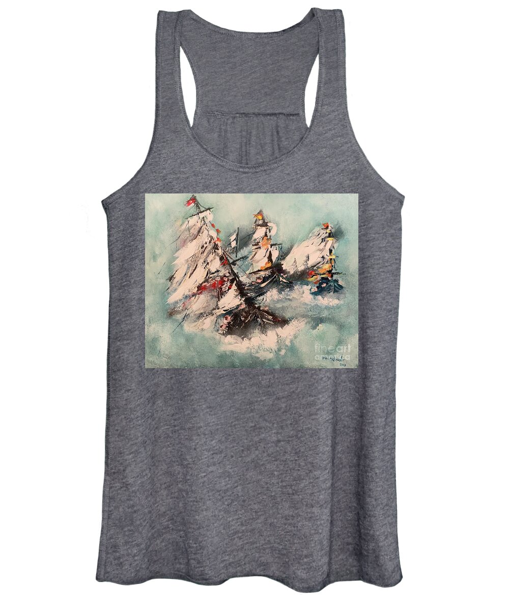Windy Race Ship Boat Acrylic On Canvas Painting Wind Ocean Wave Miroslaw Chelchowski Print Clouds Water Seascape Sail Cloth Sailing Blue Color Women's Tank Top featuring the painting Windy race by Miroslaw Chelchowski