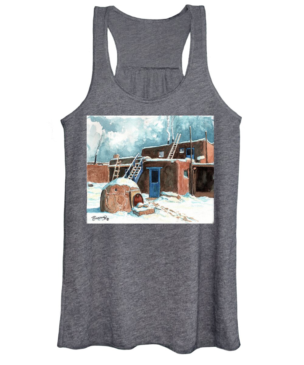 Morning Women's Tank Top featuring the painting Winter in the pueblo by Timithy L Gordon