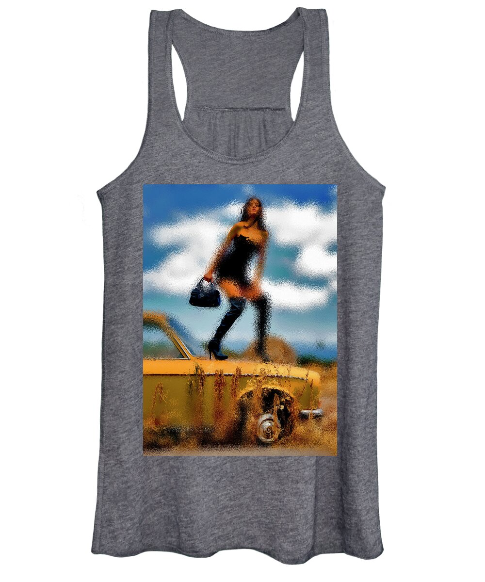 Abandoned Women's Tank Top featuring the photograph Woman on abandoned car by Al Fio Bonina