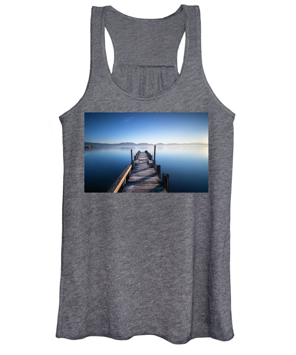 Lake Women's Tank Top featuring the photograph Pier in a Blue Lake by Stefano Orazzini