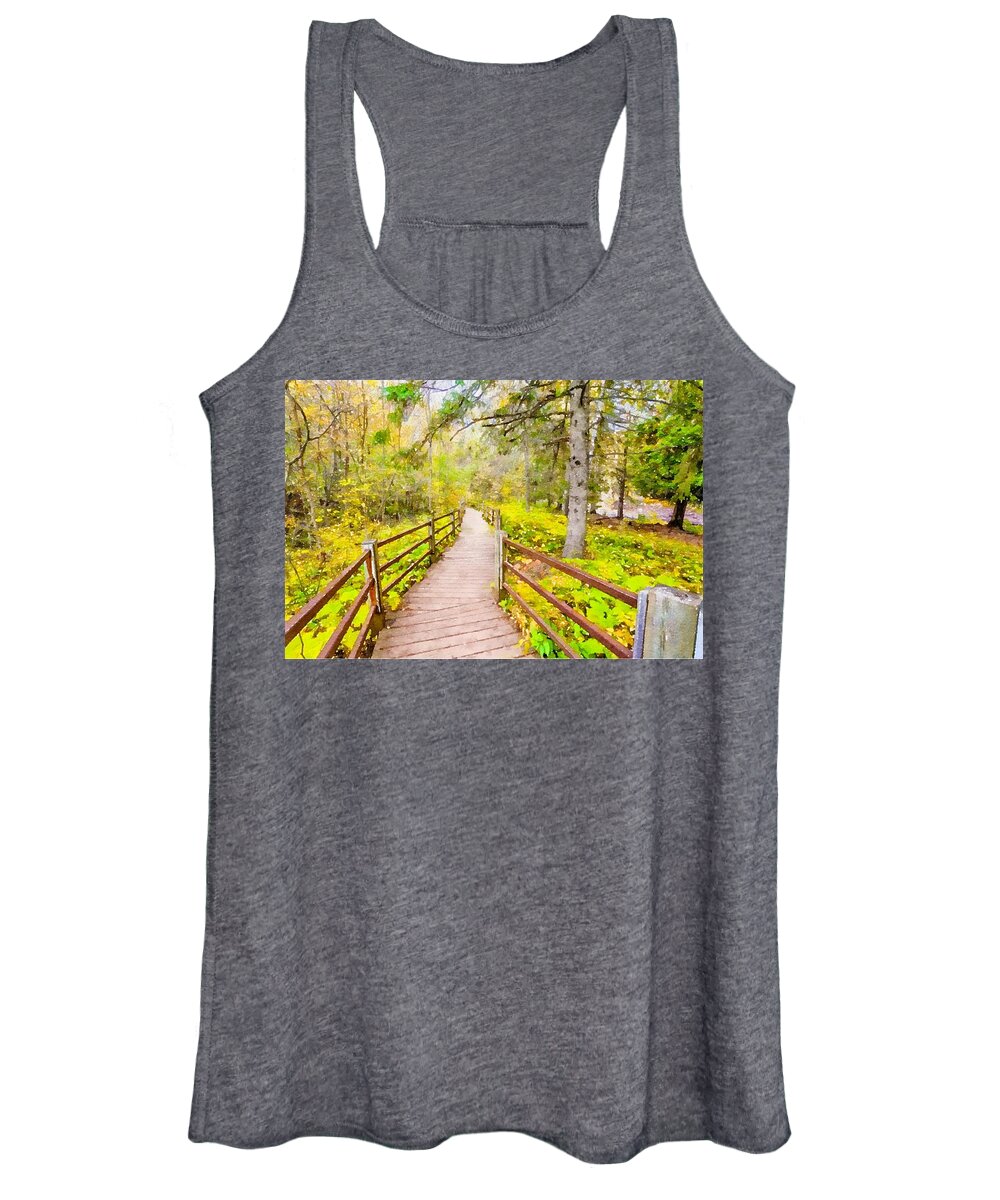 Travel Destination Women's Tank Top featuring the mixed media Wooden Trail at Gooseberry Falls Watercolor by Susan Rydberg