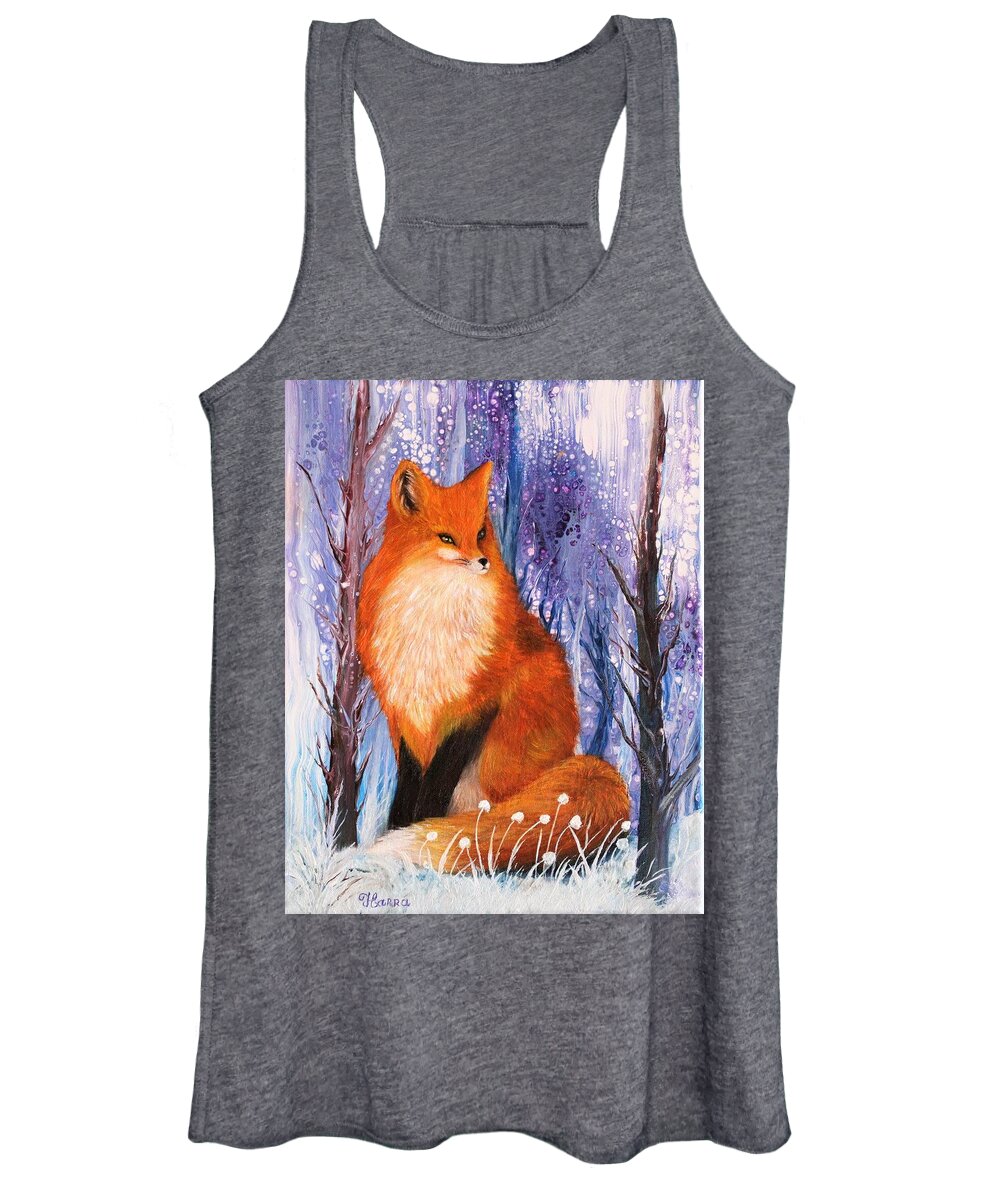 Wall Art Home Decor Fox Red Fox Animals Wild Animals Acrylic Painting Abstract Painting Pouring Art Mix Media Young Fox Winter Forest Oil Painting Women's Tank Top featuring the painting Young Fox by Tanya Harr