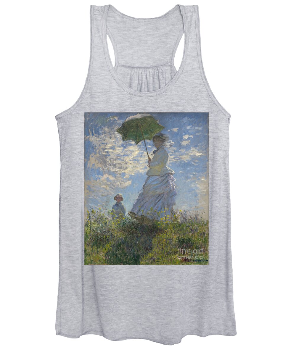 Female; Male; Boy; Child; Hill; Walking; Walk; Stroll; Summer; Outdoors; Mother; Hat; Impressionist; Artists Women's Tank Top featuring the painting Woman with a Parasol Madame Monet and Her Son by Claude Monet