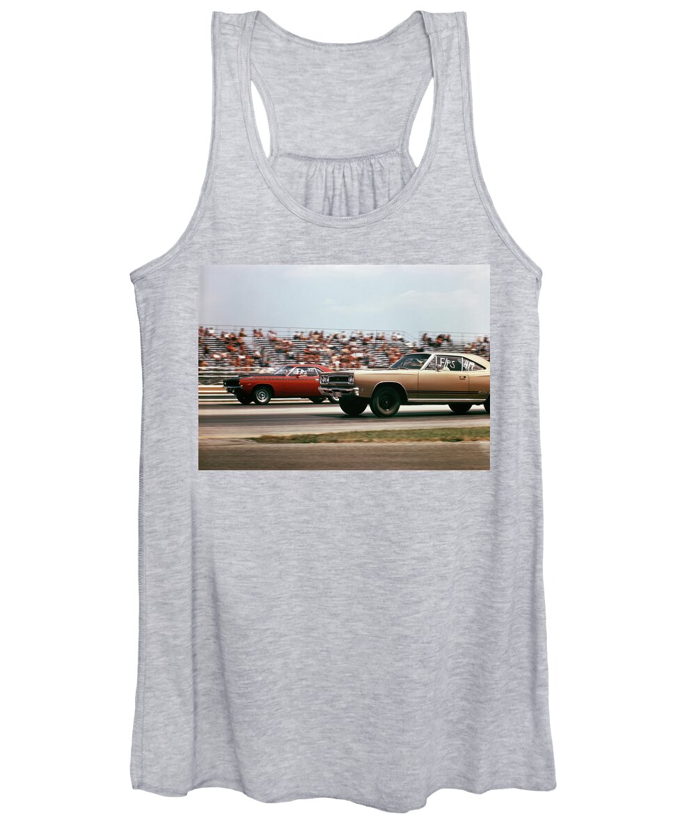 Photography Women's Tank Top featuring the photograph 1970s 2 Cars Drag Racing Grandstand by Vintage Images